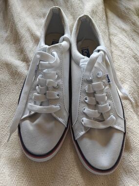 Keds White Canvas Low-Top Sneakers with Red & Navy Trim